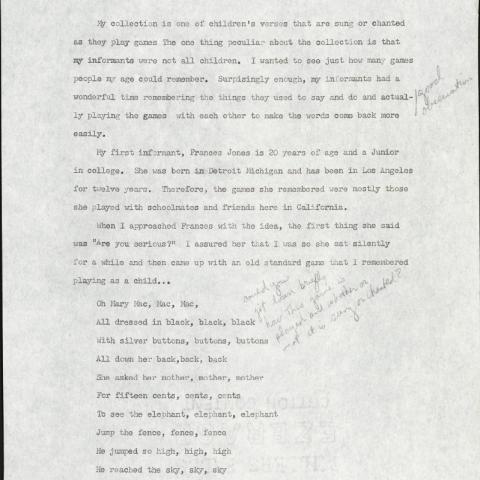 Transcription and discussion of the handclapping song “Miss Mary Mac,” by Jacqueline Cliett, URB.BLH, Box 18, Folder 26. 
