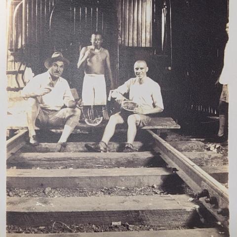 Photograph of Vladimir Ivonovich Troosh with father Ivan Efimovich Troosh and unnamed Engineer, Nina Shestakoff Collection