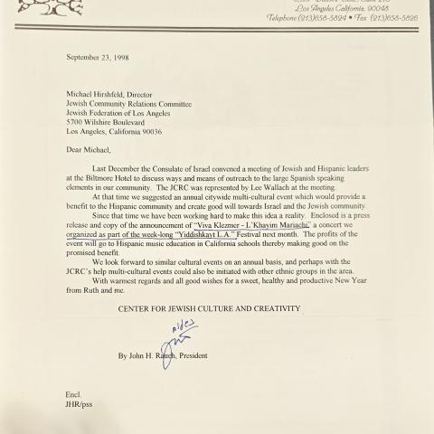 Letter regarding the "Viva Klezmer – L’Khayim Mariachi" event, 1998, Jewish Federation Council of Greater Los Angeles, Community Relations Committee, Part 5