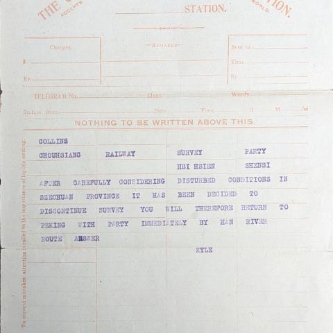 Chinese Telegraph Administration telegram from Chief Engineer G.A. Kyle to James Arthur Collins, May 27, 1918, Collins Family Collection