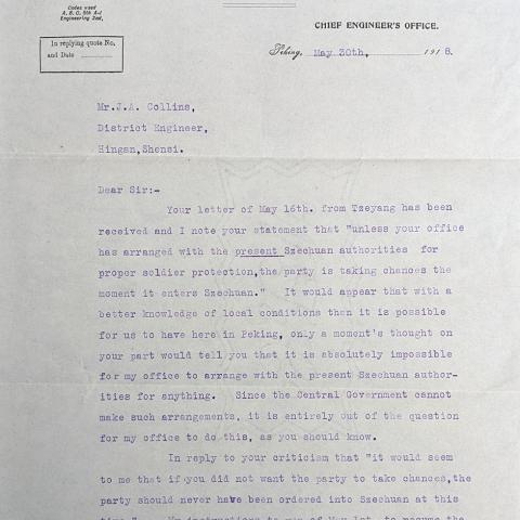 Letter from Chief Engineer G.A. Kyle to James Arthur Collins, May 30, 1918, Collins Family Collection
