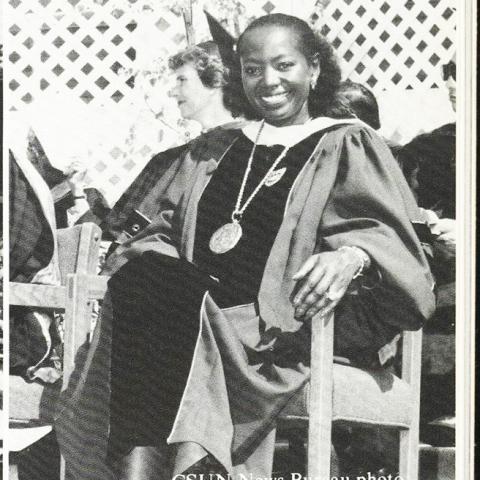 President Wilson pictured in her academic regalia.   April 30, 1993, Sunburst, LD729.C99 S8 1993