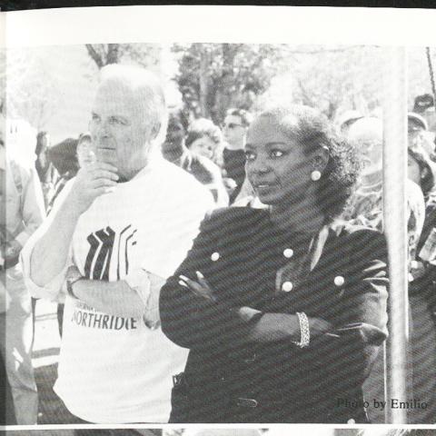  Los Angeles Mayor Richard Riordan appears with President Wilson at the opening of the CSUN portable campus. The Northridge Earthquake struck on January 17, 1994 killing 57 people, February 14, 1994, Sunburst, LD729.C99 S8 1994