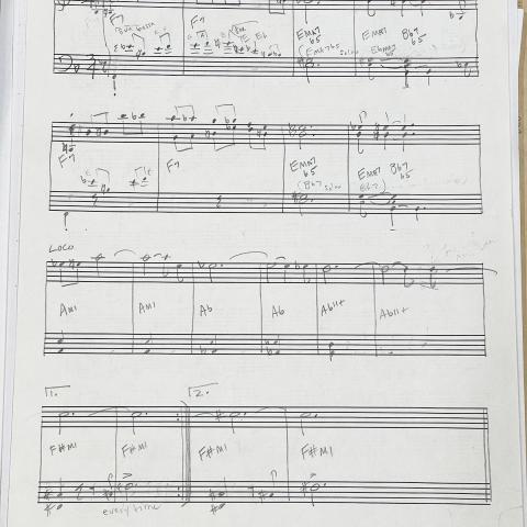 Handwritten score for Horace Tapscott’s original composition “Sketches of Drunken Mary”, Mimi Melnick collection.
