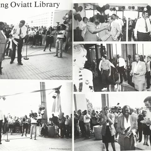 President Wilson is seen here at the reopening ceremony of the University Library center core section. In the year 2000, the east and west wings of the University Library were reopened. August 26, 1994, Sunburst, LD729.C99 S8 1995