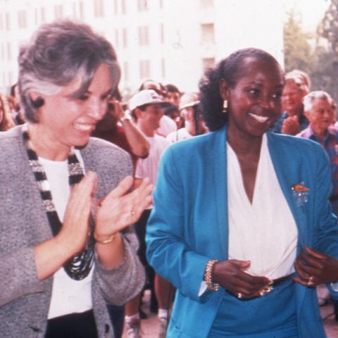 President Wilson with the Dean of the University Library, Susan Curzon, August 26, 1994, University Archives Photograph Collection, Box 48 Folder 1