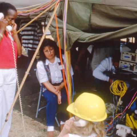 President Wilson is seen here working with the available equipment during earthquake reconstruction, Spring 1994, University Archives Photograph Collection, Box 48 Folder 1