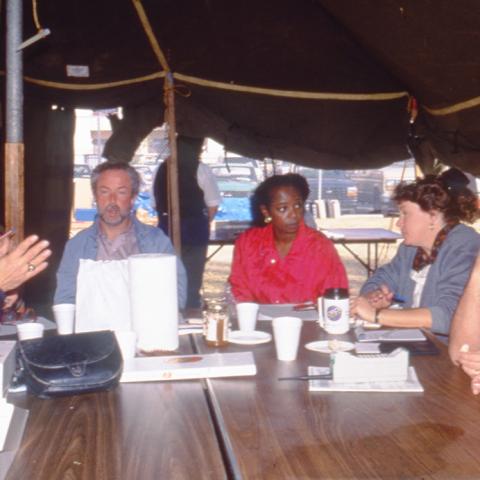  President Wilson in discussions with her staff during earthquake reconstruction, Spring 1994, University Archives Photograph Collection, Box 51 Folder 3