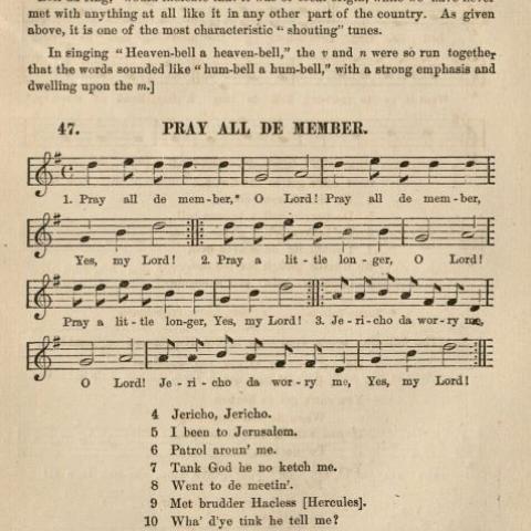 Pray All De Member, a shouting tune, lyrics and music in Slave Songs of the United States, 1867