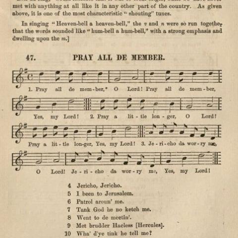 Pray All De Member, a shouting tune, lyrics and music in Slave Songs of the United States, 1867