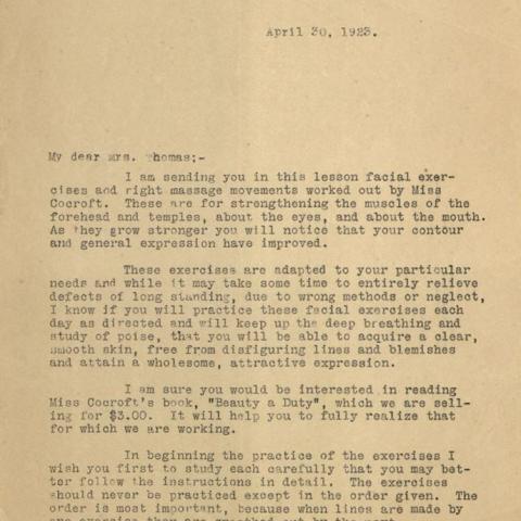 Correspondence from the Grace-Mildred Culture Course program to Mrs. Thomas