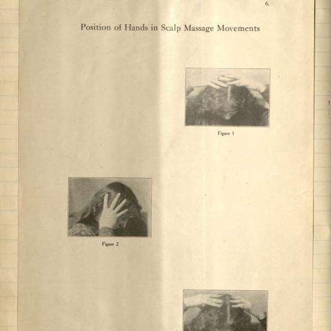 Photographs demonstrating where to place hands for a scalp massage