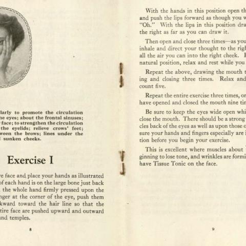 Exercise I demonstrating a facial exercise purported to promote circulation, in  in How to Treat Your Face by Susanna Cocroft, 1925