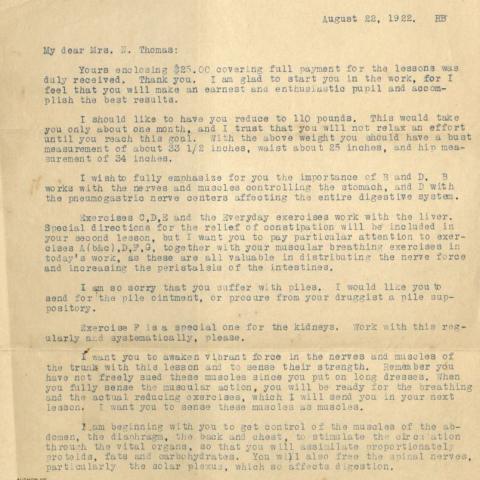 Correspondence from the Susanna Cocroft program to Mrs. Thomas
