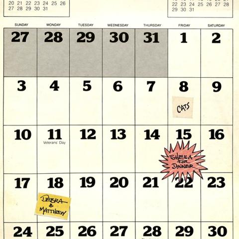 Monthly wall calendar opened to November 1985 with Aristide’s colorful additions to Thanksgiving and other events. Aristide J. Laurent Collection