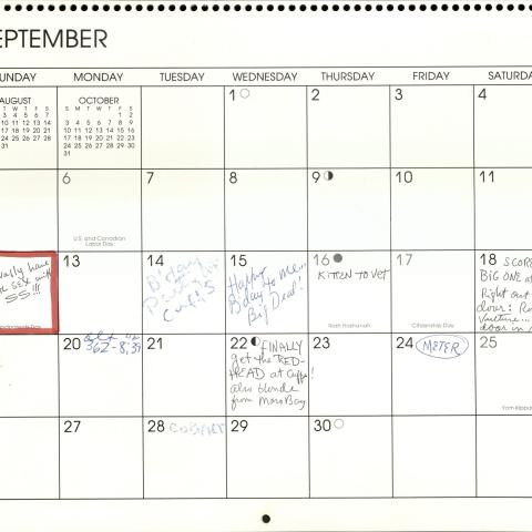 Monthly wall calendar opened to September 1993 with birthday and kitten related notes. Aristide J. Laurent Collection