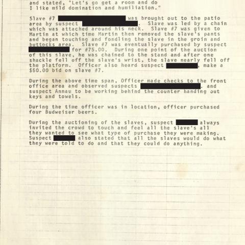 Arrest Report, "Slave Auction" at 4424 Melrose Avenue, April 10, 1976, Aristide Laurent Collection