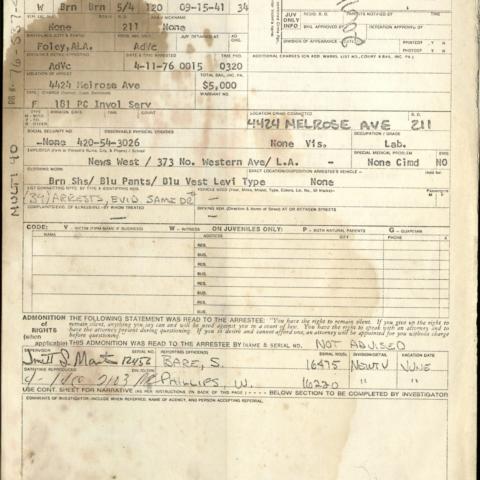 Arrest Report, "Slave Auction" at 4424 Melrose Avenue, April 10, 1976, Aristide Laurent Collection