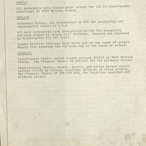 Arrest Report, "Slave Auction" at 4424 Melrose Avenue, April 10, 1976, Aristide Laurent Collection