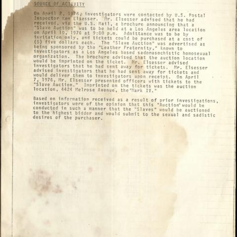 Arrest Report, "Slave Auction" at 4424 Melrose Avenue, April 10, 1976, Aristide Laurent Collection