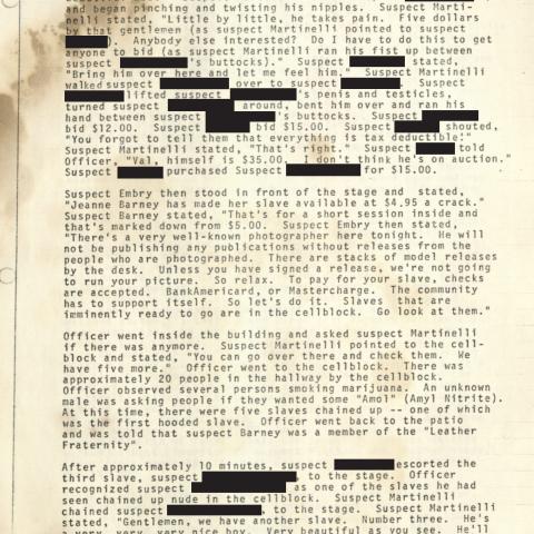 Arrest Report, "Slave Auction" at 4424 Melrose Avenue, April 10, 1976, Aristide Laurent Collection