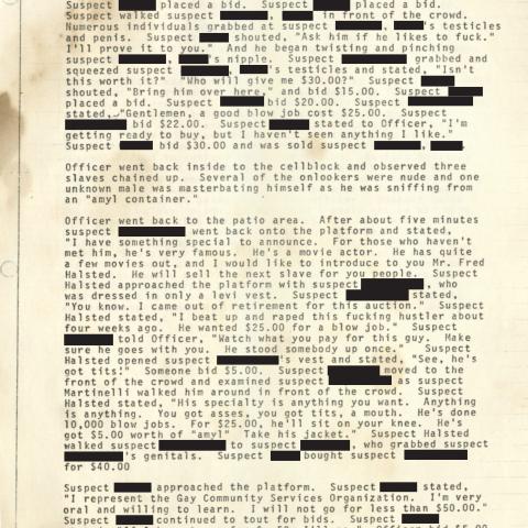Arrest Report, "Slave Auction" at 4424 Melrose Avenue, April 10, 1976, Aristide Laurent Collection