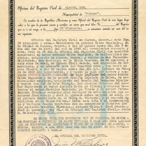 Birth certificate of Antonio Regalado Calvo, April 8, 1946. Latino Cultural Heritage Oral History Project Collection