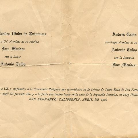 Invitation for the wedding of Antonio Regalado Calvo and Luz Mendez, April 24, 1926. Latino Cultural Heritage Oral History Project Collection