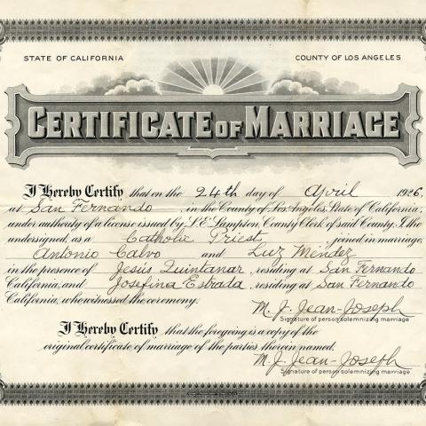 Marriage certificate of Antonio Regalado Calvo and Luz Mendez, April 24, 1926. Latino Cultural Heritage Oral History Project Collection