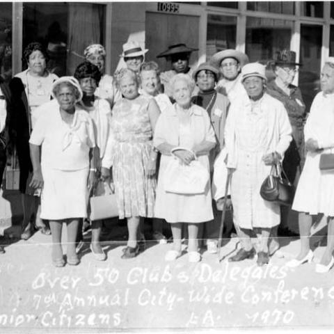 Group portrait of members of the "Over 50 Club" of Pacoima, ca 1970