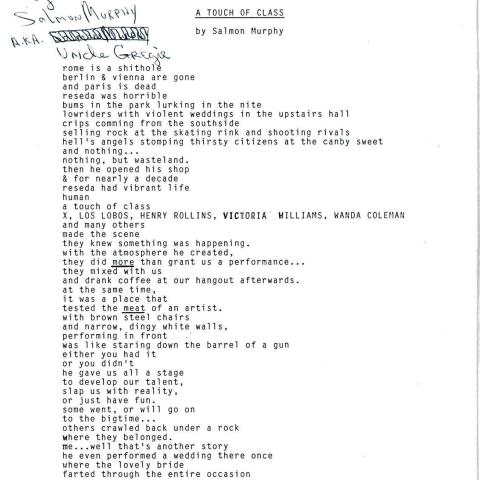 “A Touch of Class” poem by Salmon Murphy, September 1990