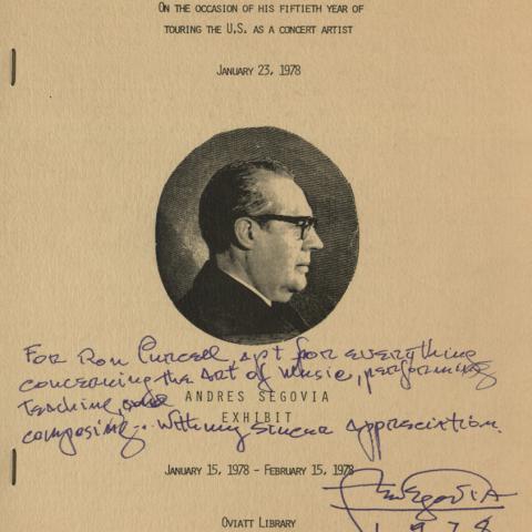 A signed exhibit program for the Andrés Segovia Exhibit, January 15, 1978 - February 15, 1978, at the Oviatt Library, CSUN
