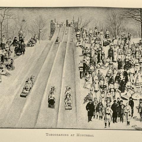 Illustration, a toboggan race from The Badminton Library of Sports and Pastimes: Skating
