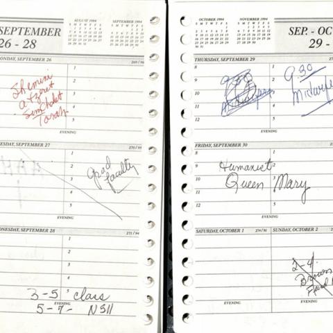Bonnie Bullough's daily planner with quickly written event notes. Bonnie Bullough Collection