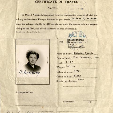 Certificate of Travel from the Philippine Office of the International Refugee Organization for Tatiana Belitsky, 1950