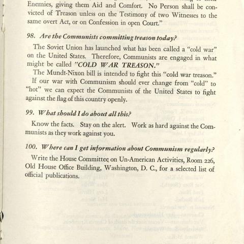 Page 17 from the booklet 100 Things You Should Know About Communism produced by HUAC, describing HUAC’s opinions on communism and treason, May 14, 1951