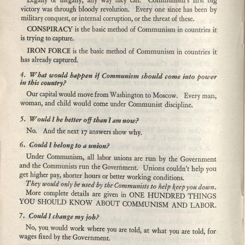 Page 6 from the booklet 100 Things You Should Know About Communism produced by HUAC, demonstrating the Committee’s beliefs on the core principles of communism, May 14, 1951