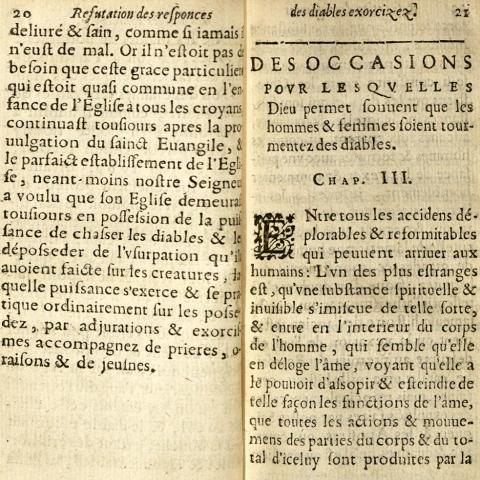 First page of Chapter III, "Des Occasions pour les Quelles Dieu permet Souvent que les Hommes & Femmes Soient Tormentez des Diables (The Occasions on which God permits Men and Women to be Tormented by Devils)," from "Refutation de l'Erreur du Vulgaire..." BF 1559 B47 1618