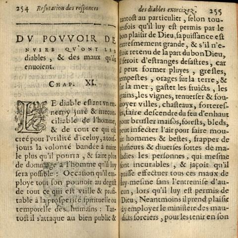 First page of Chapter XI, "Du Pouvoir de Nuire Qu'ont Les Diables, et des Maux qu'ils Enuoient (Of the Power to Harm the Devils and Evils they Send)," from "Refutation de l'Erreur du Vulgaire..." BF 1559 B47 1618