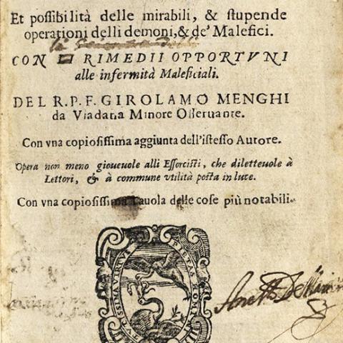 Title page from "Compendio dell'Arte Essorcistica (Compendium of the Exorcism Arts)." BF 1559 M45 1605