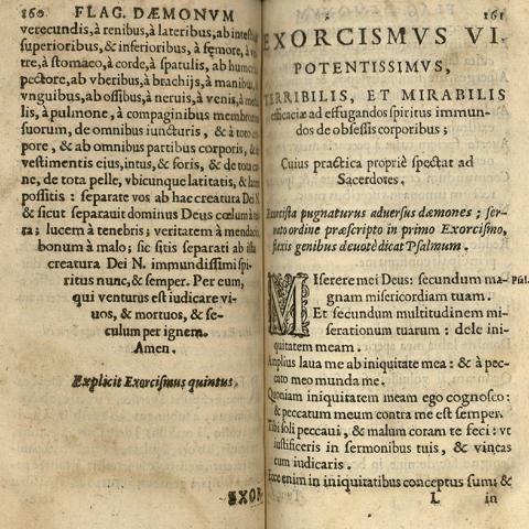 First page of chapter titled "Potentissimus, Terribiles, et Mirabilis: Efficaciæ ad Effugandos Spiritus Immundos de Obsessis Corporibus (The Powerful, Terrible, and Miraculous: To Effectively Drive Away the Unclean Spirits from Possessed Bodies)," from "Flagellum Dæmonum." BF 1559 M47 1606