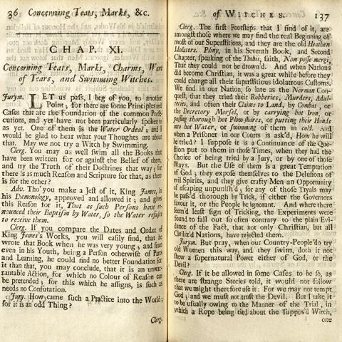First page of Chapter 11, "Concerning Teats, Marks, Charms, Want of Tears, and Swimming Witches," from "An Historical Essay Concerning Witchcraft." BF 1565 H85