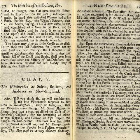 First page of Chapter 5, "The Witchcrafts at Salem, Boston, and Andover in New-England," from "An Historical Essay Concerning Witchcraft." BF 1565 H85
