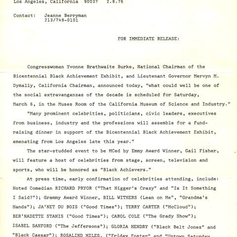 Press release for the opening of the Bicentennial Black Achievement Exhibit 