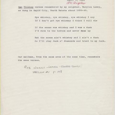 Rye Whiskey, as sung in Rapid City, South Dakota, ca. 1930s
