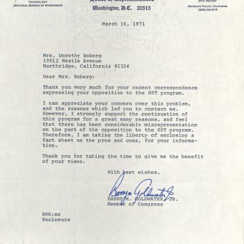 Letter from Barry Goldwater, Jr. to Dorothy Boberg