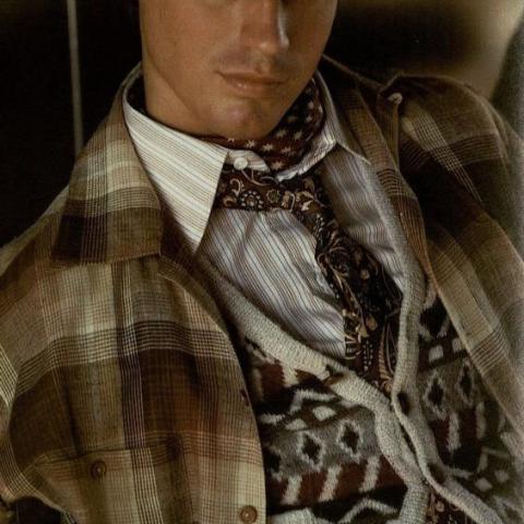 This daring model has harmonized multiple patterns and texture while retaining a color theme without straining the eye, in Dressing Right: A Guide for Men, 1978