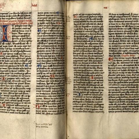 First page of the Gospel of "Joha-nes," or John in a manuscript New Testament in Latin that dates from the 14th century