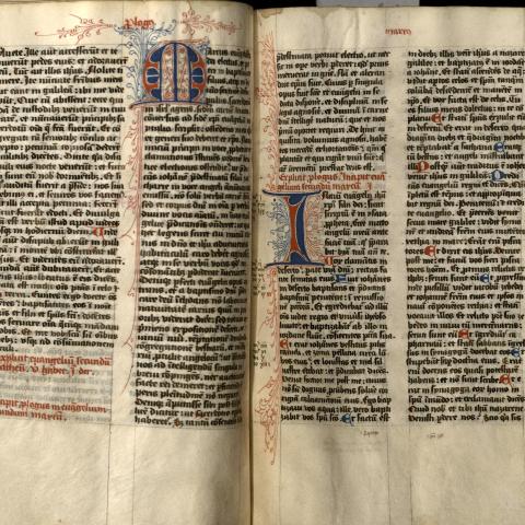 First page of the Gospel of "Marcus," or Mark, in a manuscript New Testament in Latin that dates from the 14th century