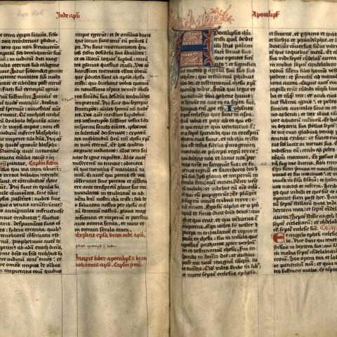 First page of the book of "Apocalips," or Revelation, in a manuscript New Testament in Latin that dates from the 14th century